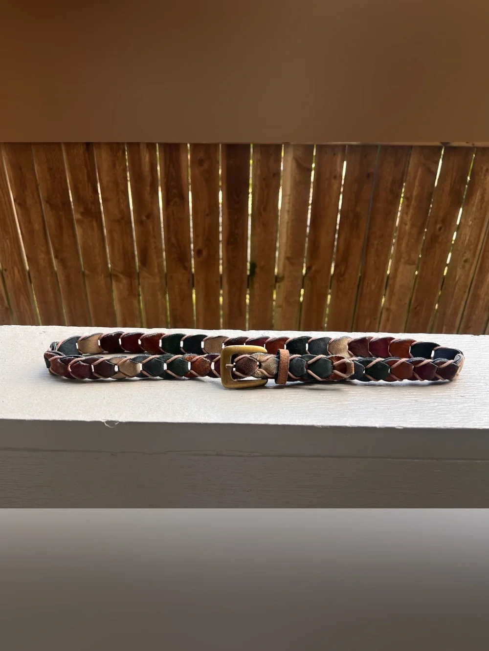 Vintage Multicolor Patchwork Leather Braided Belt Boho Western Brass Buckle 40”
